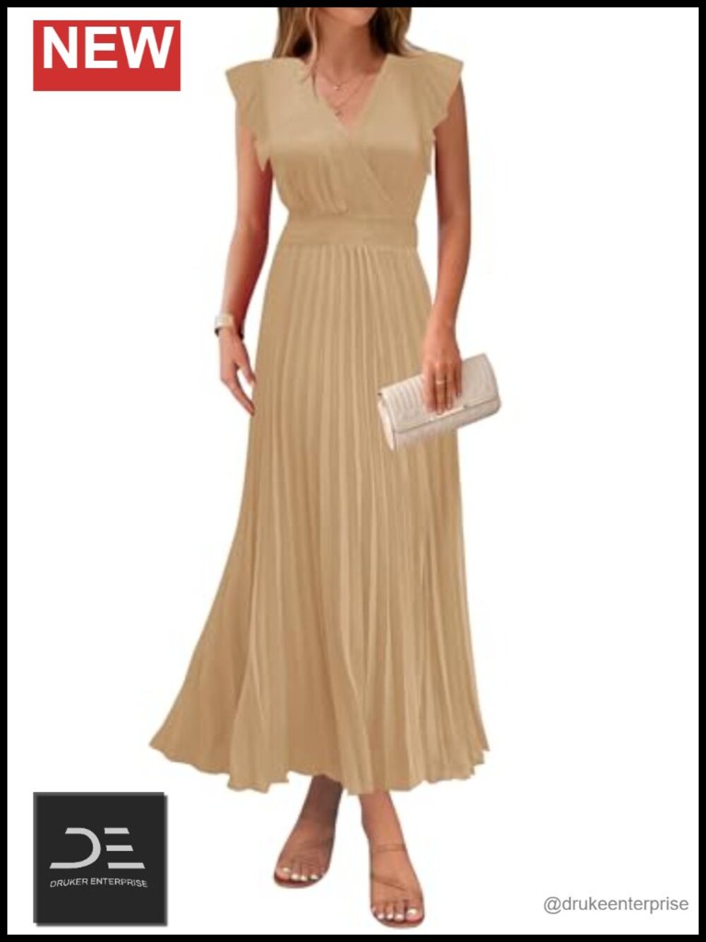 Womens Summer Maxi Dress V Neck Ruffle Flutter Sleeve Pleated Wedding Guest